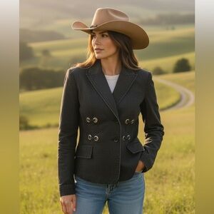 AZUR BLACK DENIM TAILORED MILITARY STYLE WESTERN COWBOY CHIC BLAZER JACKET SZ L